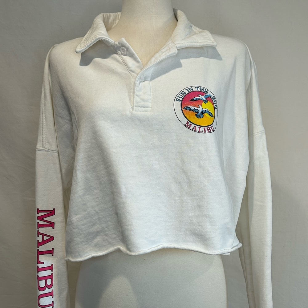 Pre-owned John Galt Women's White Malibu Cropped Sweatshirt ONE SIZE